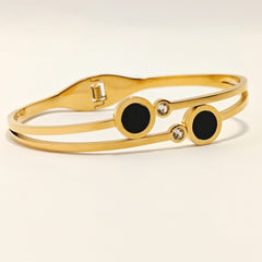 18K Gold-Plated Double Band Bangle – Black Enamel & Crystal Accents - Ronak e Mehfil