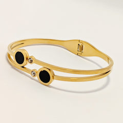 18K Gold-Plated Double Band Bangle – Black Enamel & Crystal Accents - Ronak e Mehfil