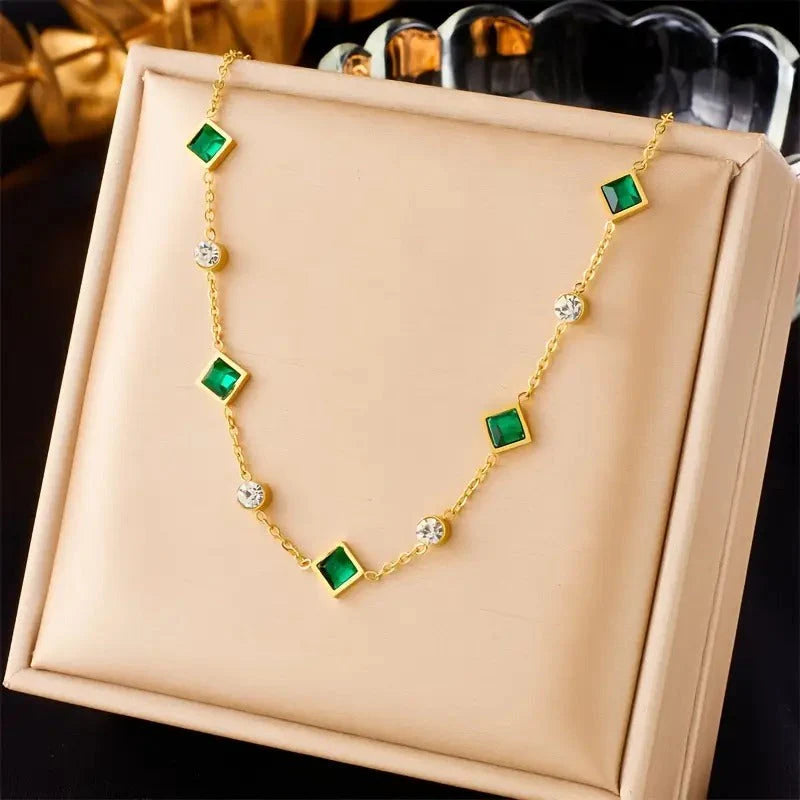 Green Square Glass Pendant Necklace - Ronak e Mehfil