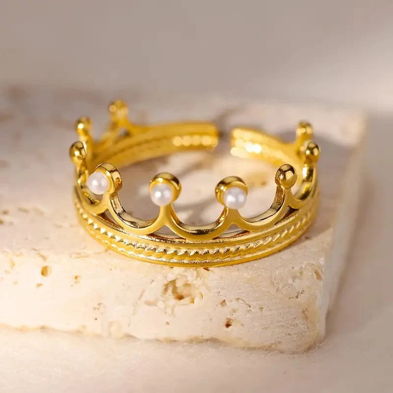 Golden Crown Pearl Adjustable Ring - Ronak e Mehfil