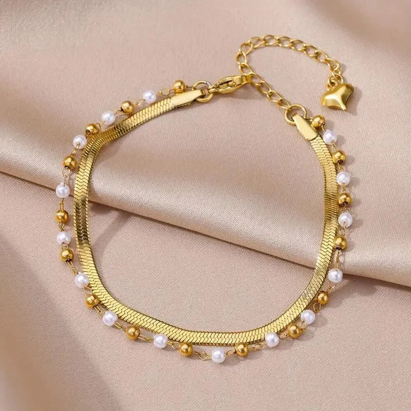 Double Layer Snake Chain Pearl Anklet - Ronak e Mehfil