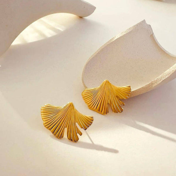 Golden Ginkgo Leaf Stud Earrings - Ronak e Mehfil